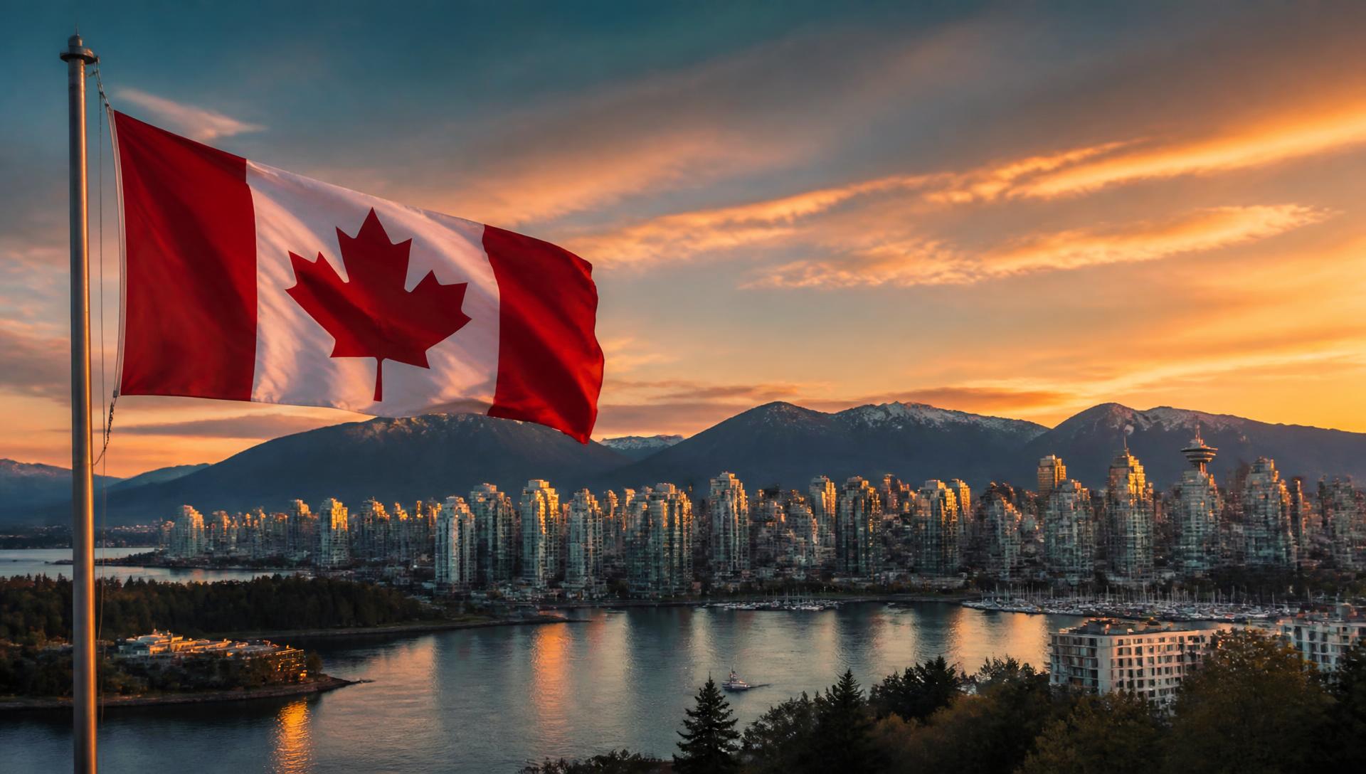 Bandera de Canadá ondeando frente al horizonte de Vancouver al atardecer