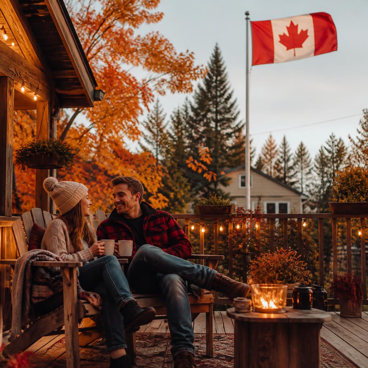 Pareja feliz en el patio de su casa en Canadá con la bandera canadiense